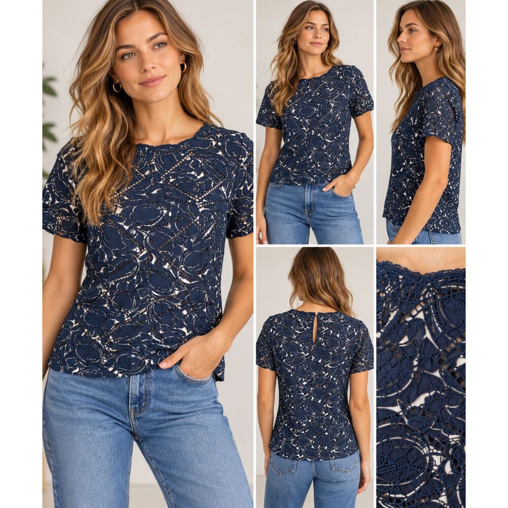 J.Crew Navy Blue Cut Out Top Short Sleeves Small Round Hem Eyelet